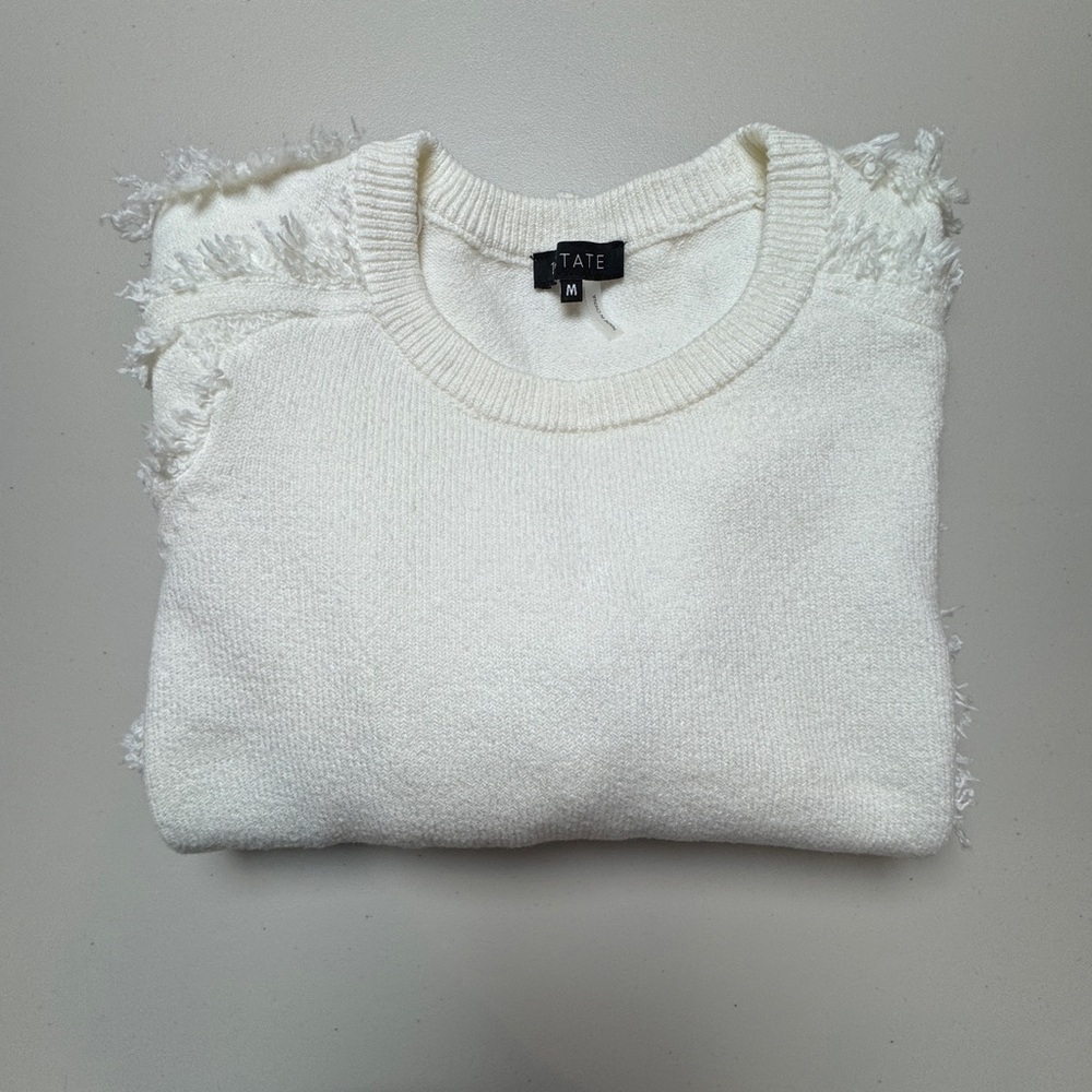 1. STATE White Textured Sweater – Size Medium – Cozy Fringe Sleeve Pullover - Picture 3 of 10
